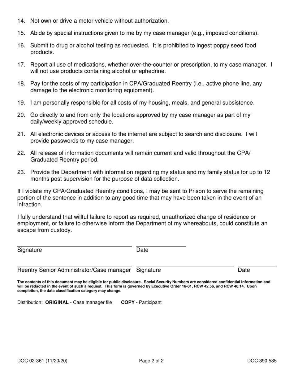 Form DOC02-361 Reentry Conditions - Washington, Page 2
