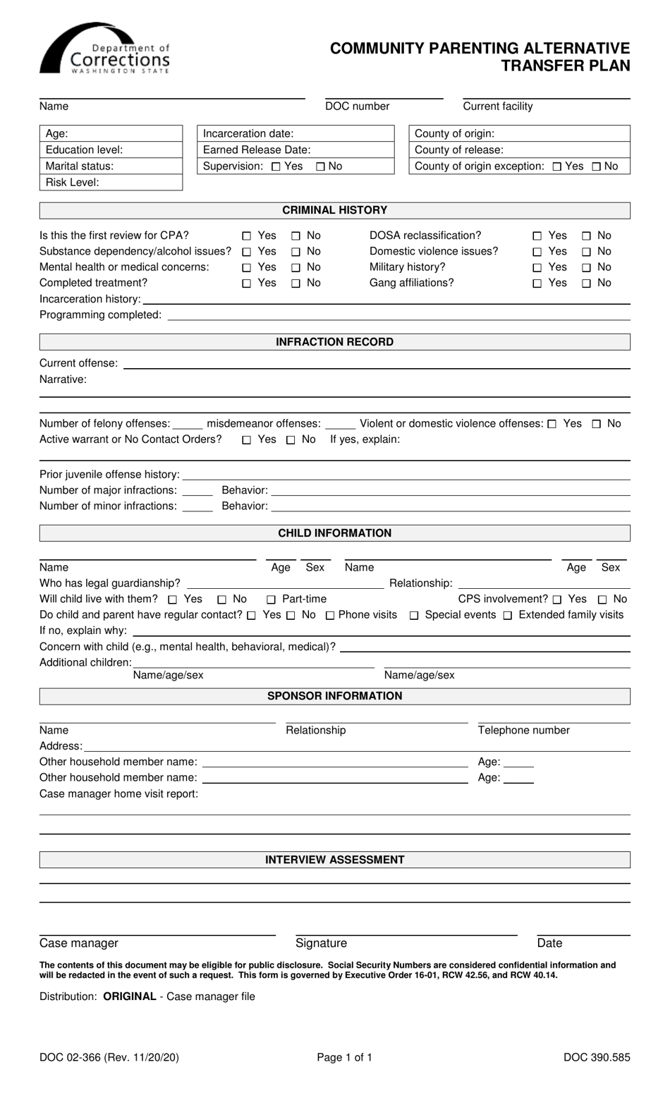 Form DOC02-366 Community Parenting Alternative Transfer Plan - Washington, Page 1