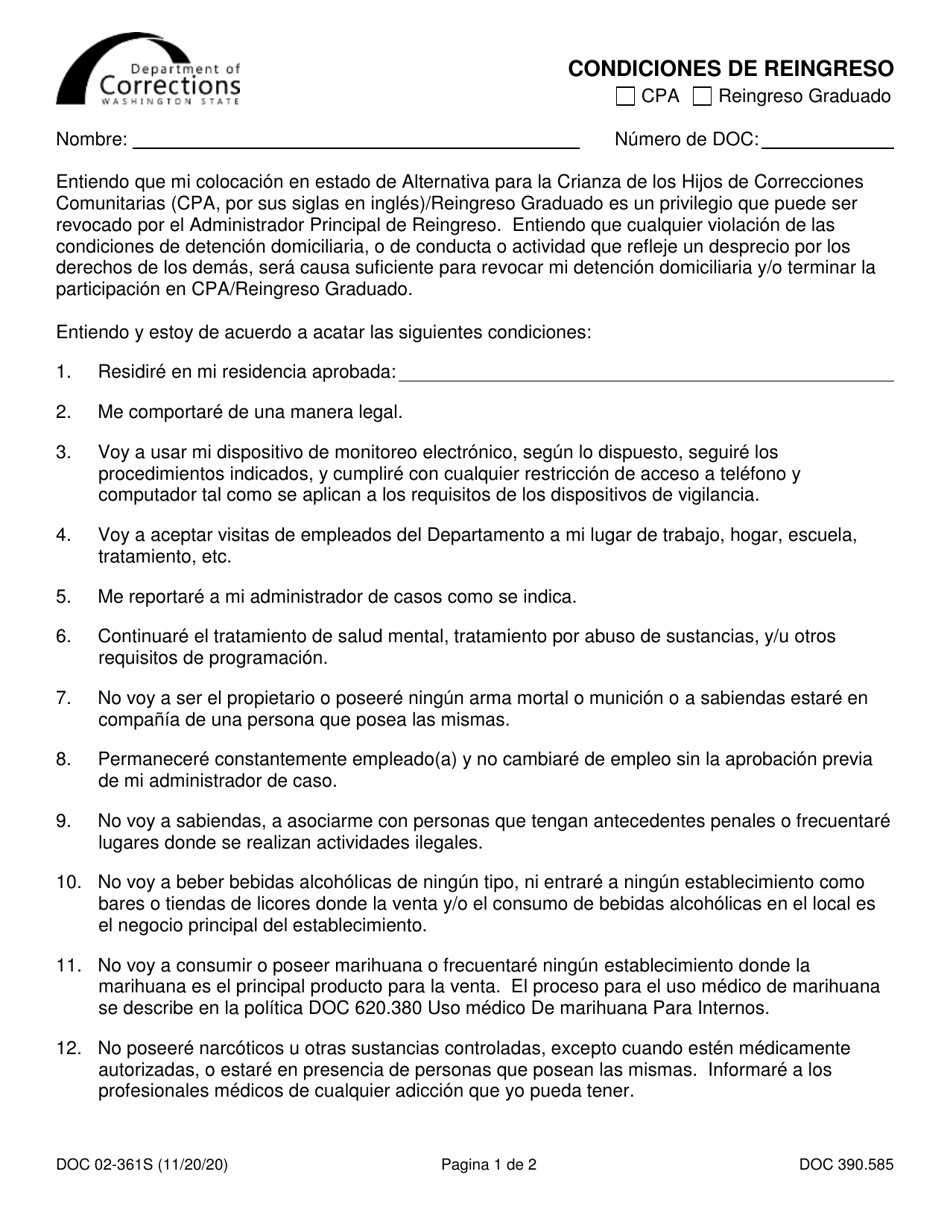 Formulario DOC02-361S Condiciones De Reingreso - Washington (Spanish), Page 1