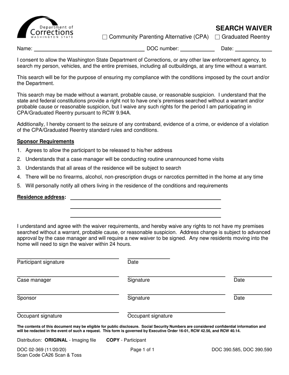 Form DOC02-369 Search Waiver - Washington, Page 1