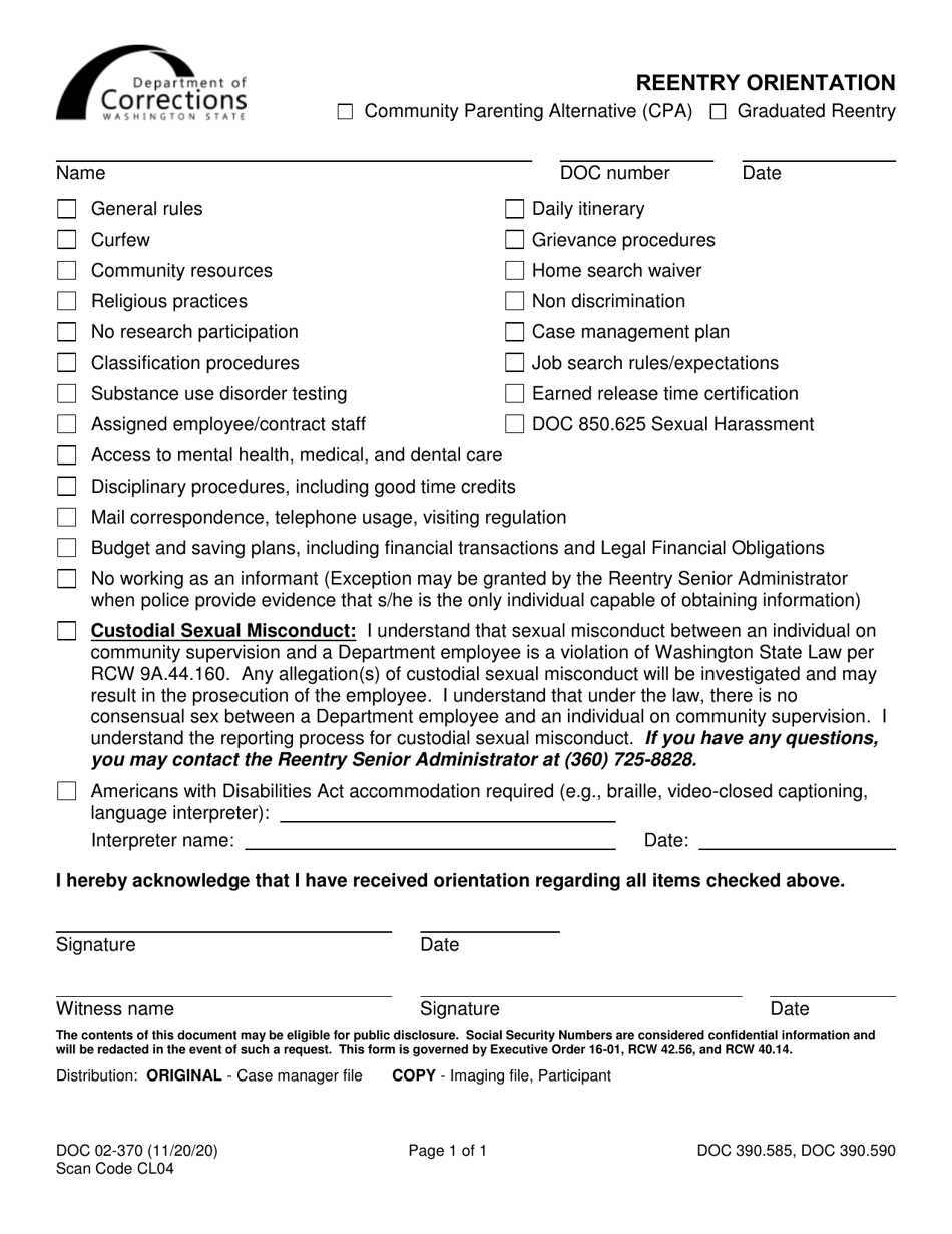 Form DOC02-370 Reentry Orientation - Washington, Page 1