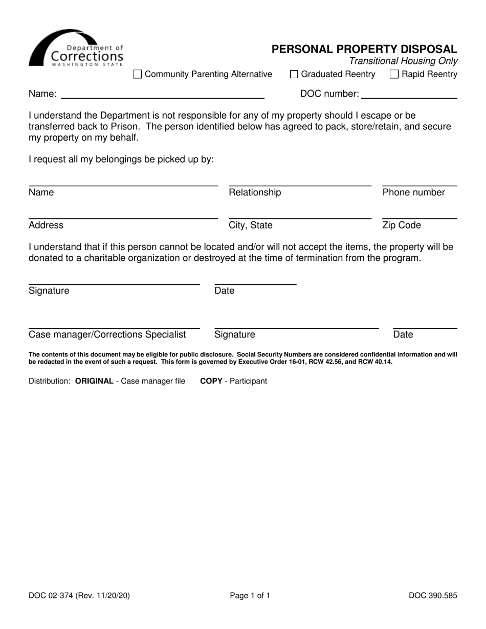 Form DOC02-374 Personal Property Disposal - Washington, Page 1