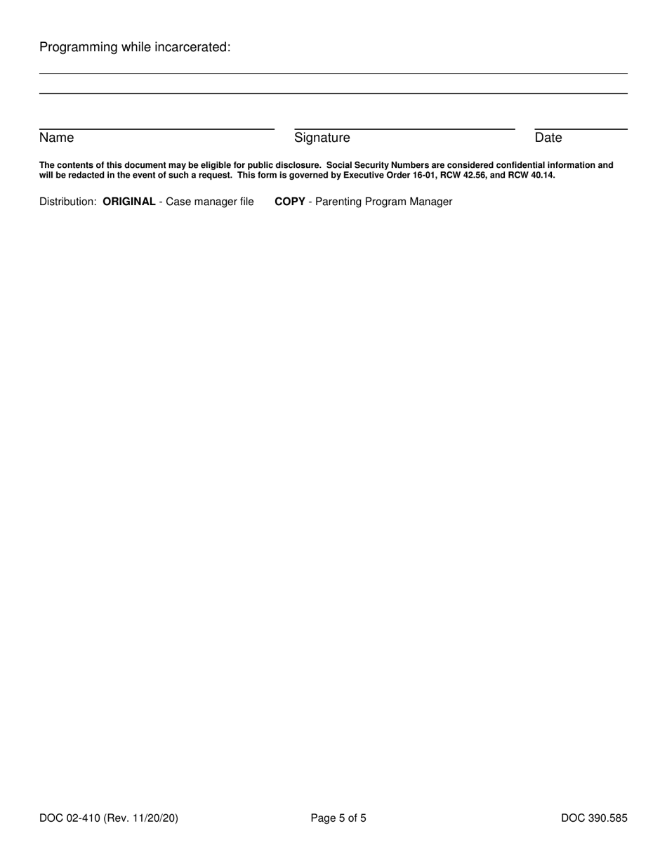 Form DOC02-410 Electronic Home Monitoring Screening - Community Parenting Alternative - Washington, Page 5