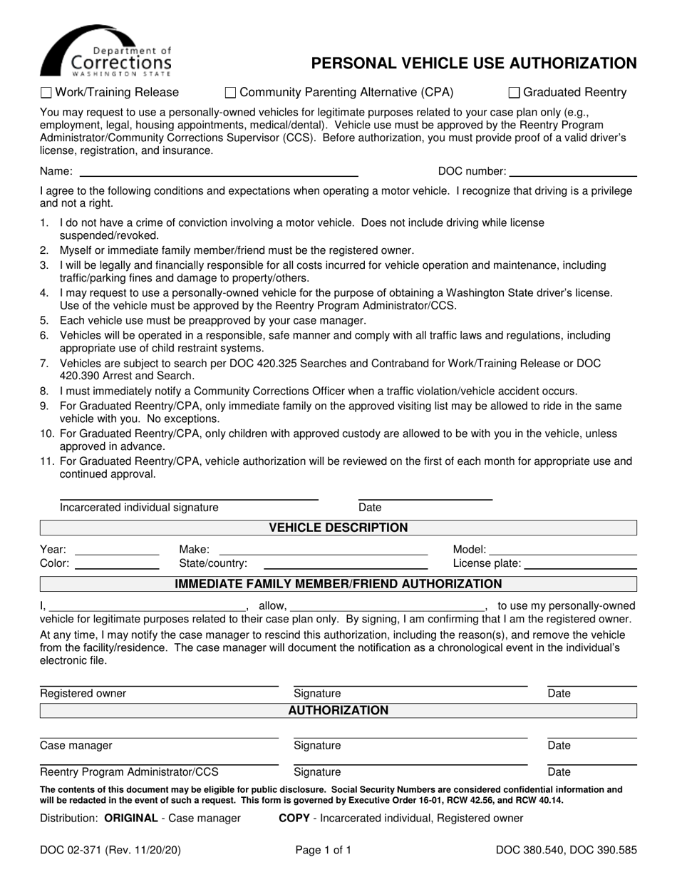 Form DOC02-371 Personal Vehicle Use Authorization - Washington, Page 1