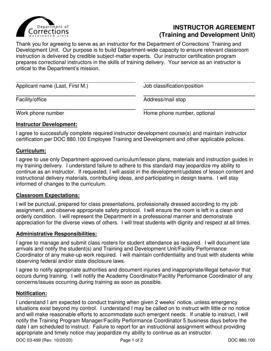 Form DOC03-499 Instructor Agreement - Washington, Page 1