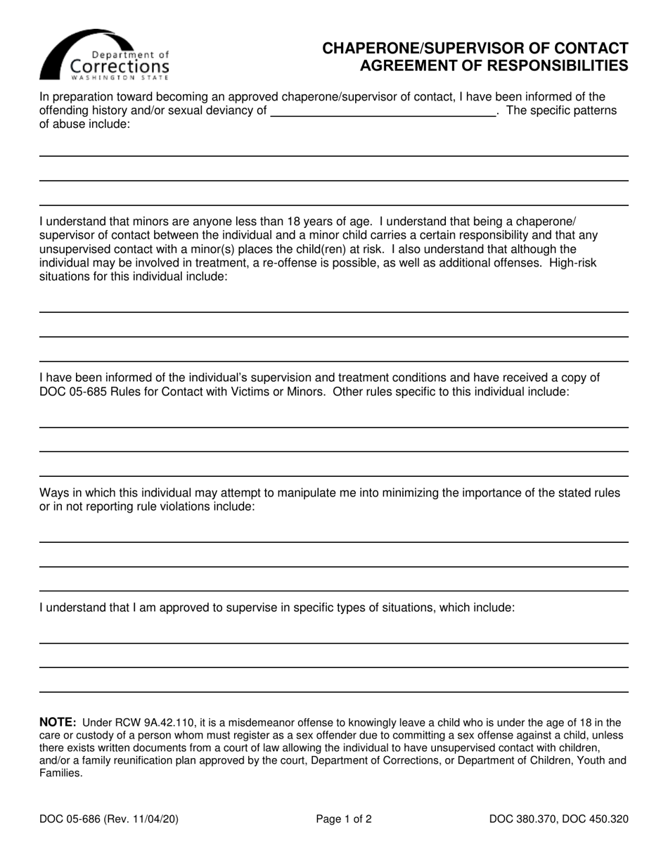 Form DOC05-686 Chaperone / Supervisor of Contact Agreement of Responsibilities - Washington, Page 1