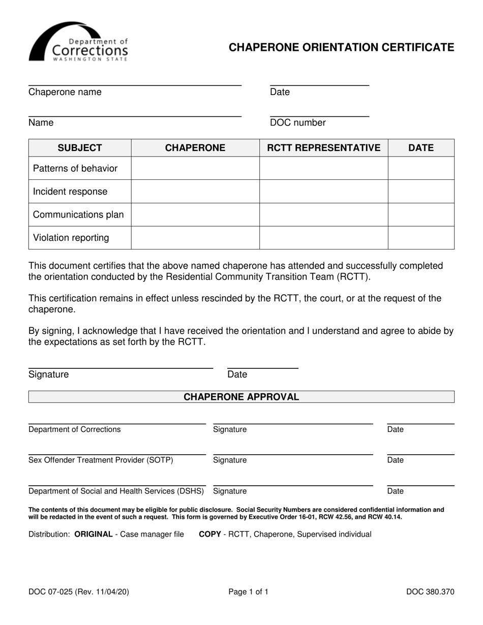 Form DOC07-025 Chaperone Orientation Certificate - Washington, Page 1