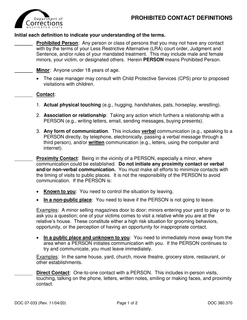Form DOC07-033 Prohibited Contact Definitions - Washington, Page 1