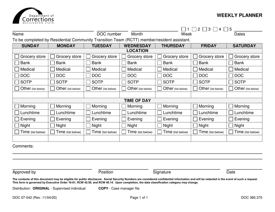 Form DOC07-042 Weekly Planner - Washington, Page 1