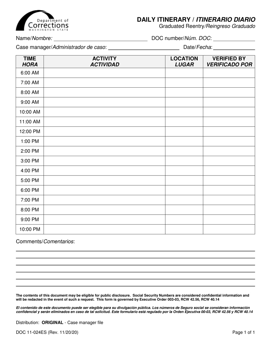 Form DOC11-024ES Daily Itinerary - Washington (English / Spanish), Page 1