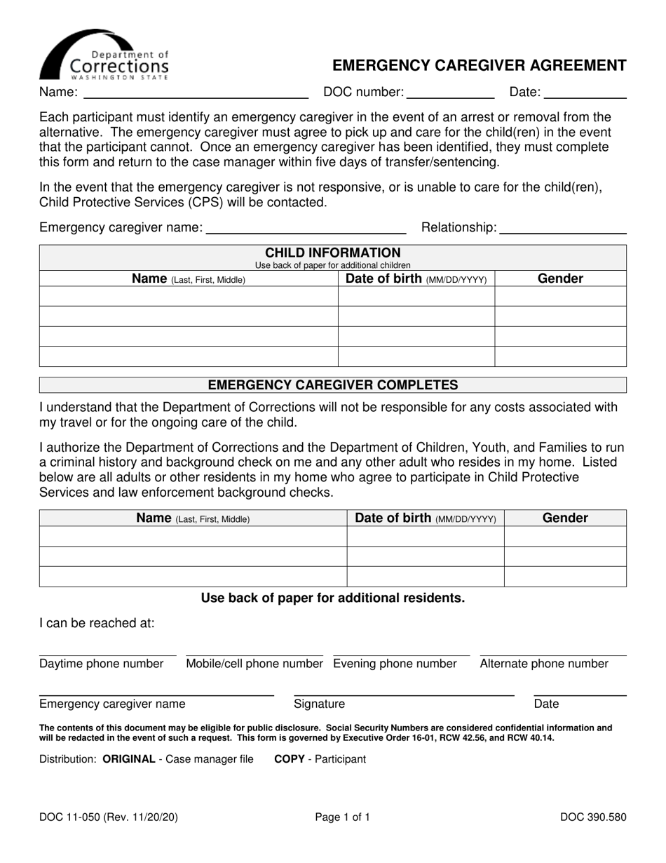 Form DOC11-050 Emergency Caregiver Agreement - Washington, Page 1