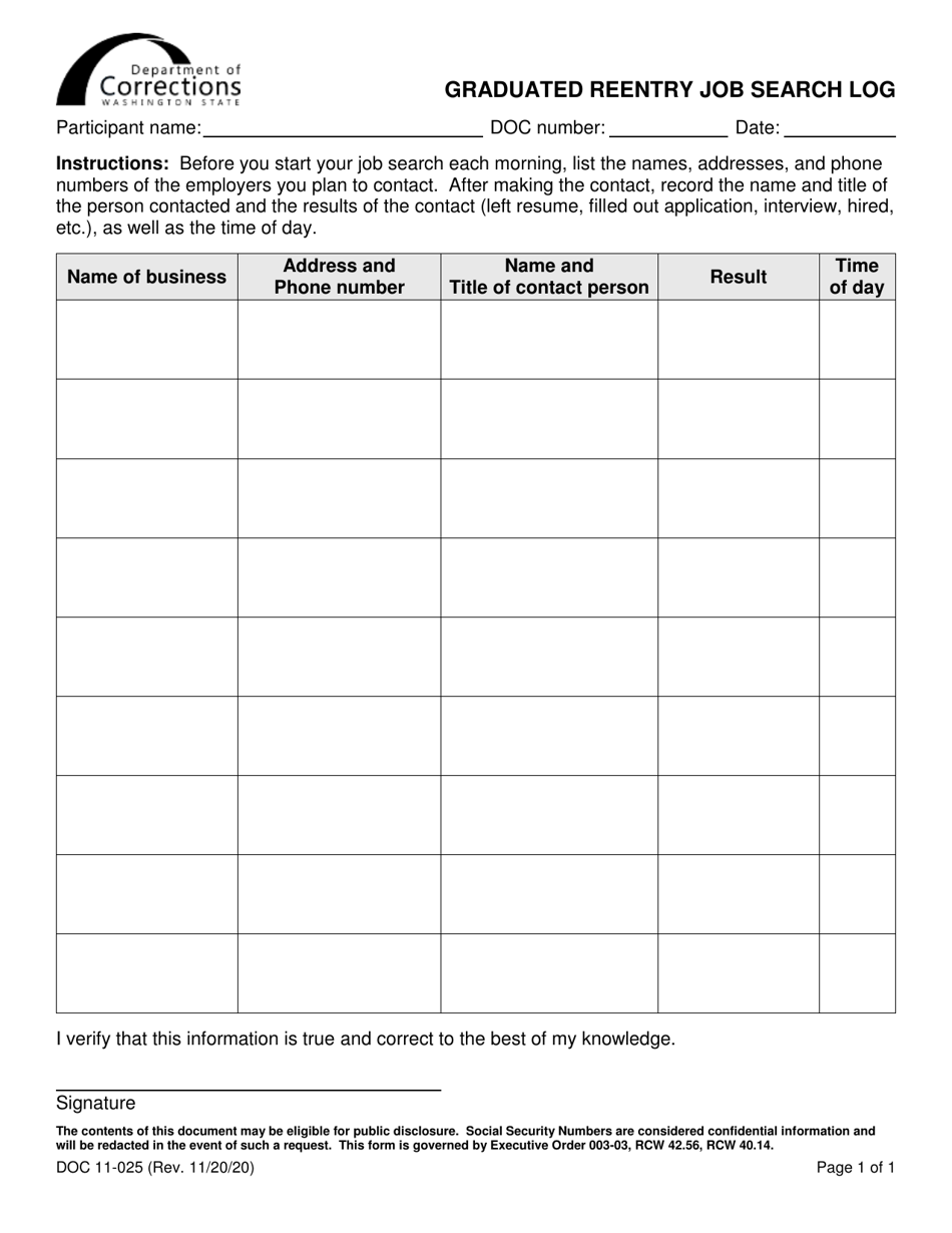 Form DOC11-025 Graduated Reentry Job Search Log - Washington, Page 1