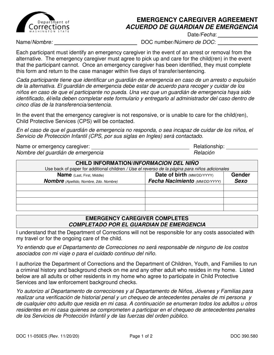 Form DOC11-050ES Emergency Caregiver Agreement - Washington (English / Spanish), Page 1