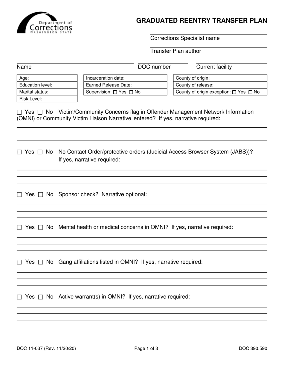 Form DOC11-037 Graduated Reentry Transfer Plan - Washington, Page 1
