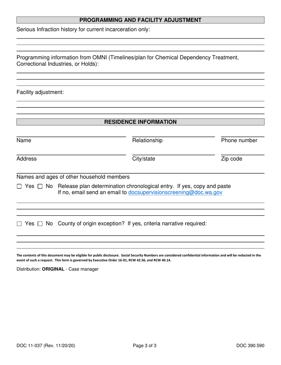 Form DOC11-037 Graduated Reentry Transfer Plan - Washington, Page 3
