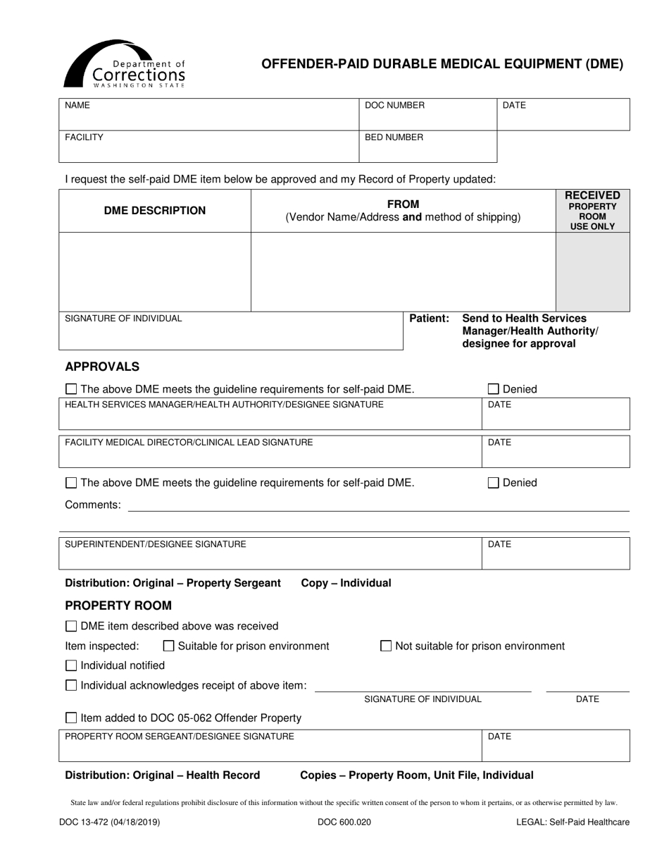 Form DOC13-472 Offender-Paid Durable Medical Equipment (Dme) - Washington, Page 1