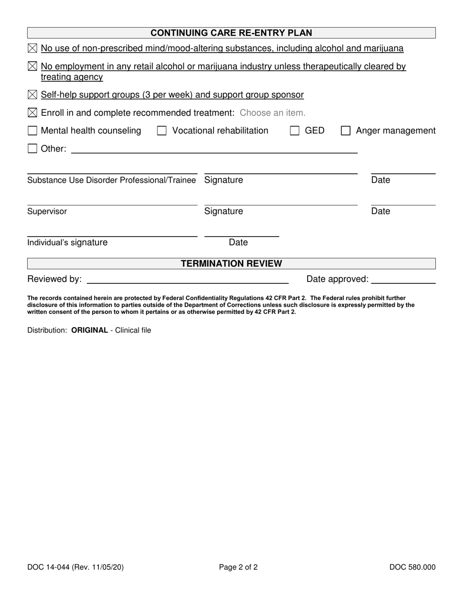 Form DOC14-044 Substance Use Disorder Discharge Summary and Continued Care Plan - Washington, Page 2