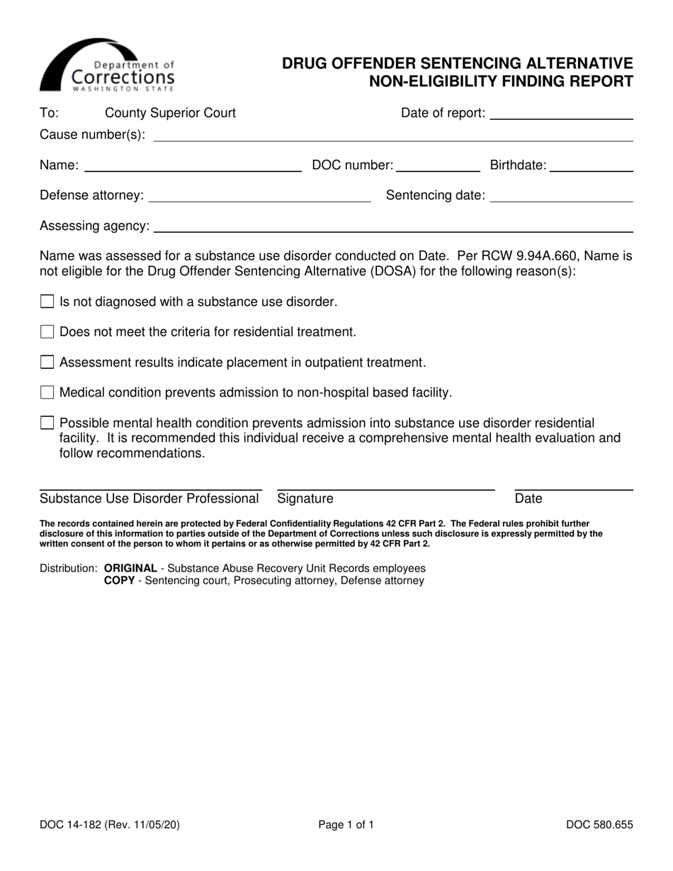 Form DOC14-182 Drug Offender Sentencing Alternative Non-eligibility Finding Report - Washington, Page 1