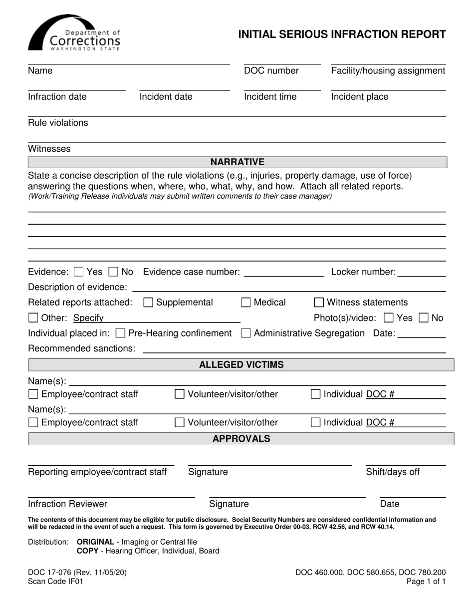 Form DOC17-076 Initial Serious Infraction Report - Washington, Page 1