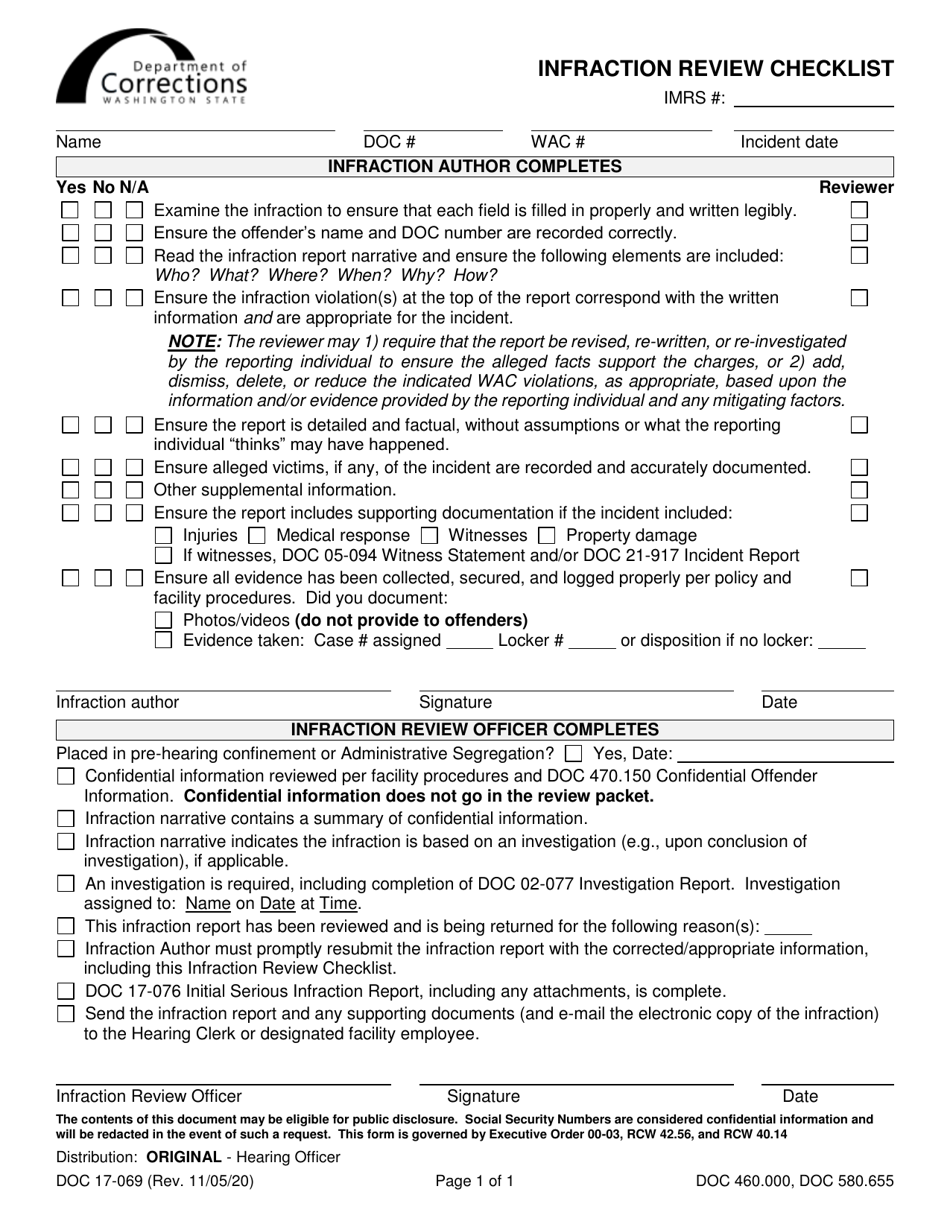 Form DOC17-069 Infraction Review Checklist - Washington, Page 1