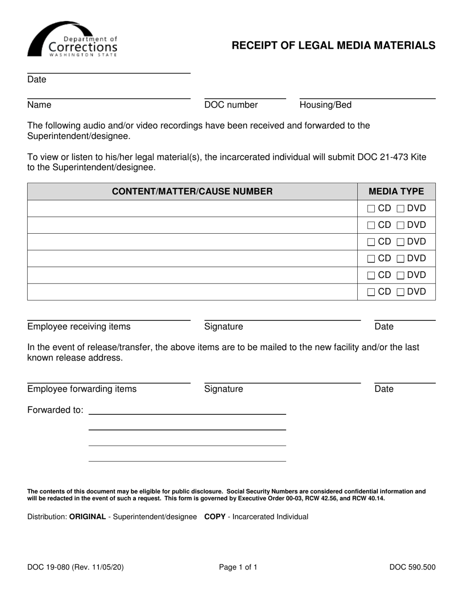 Form DOC19-080 Receipt of Legal Media Materials - Washington, Page 1