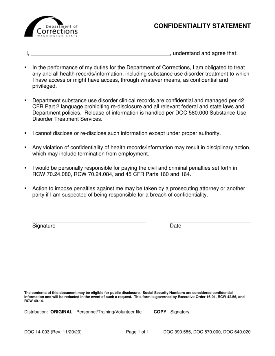 Form DOC14-003 Confidentiality Statement - Washington, Page 1