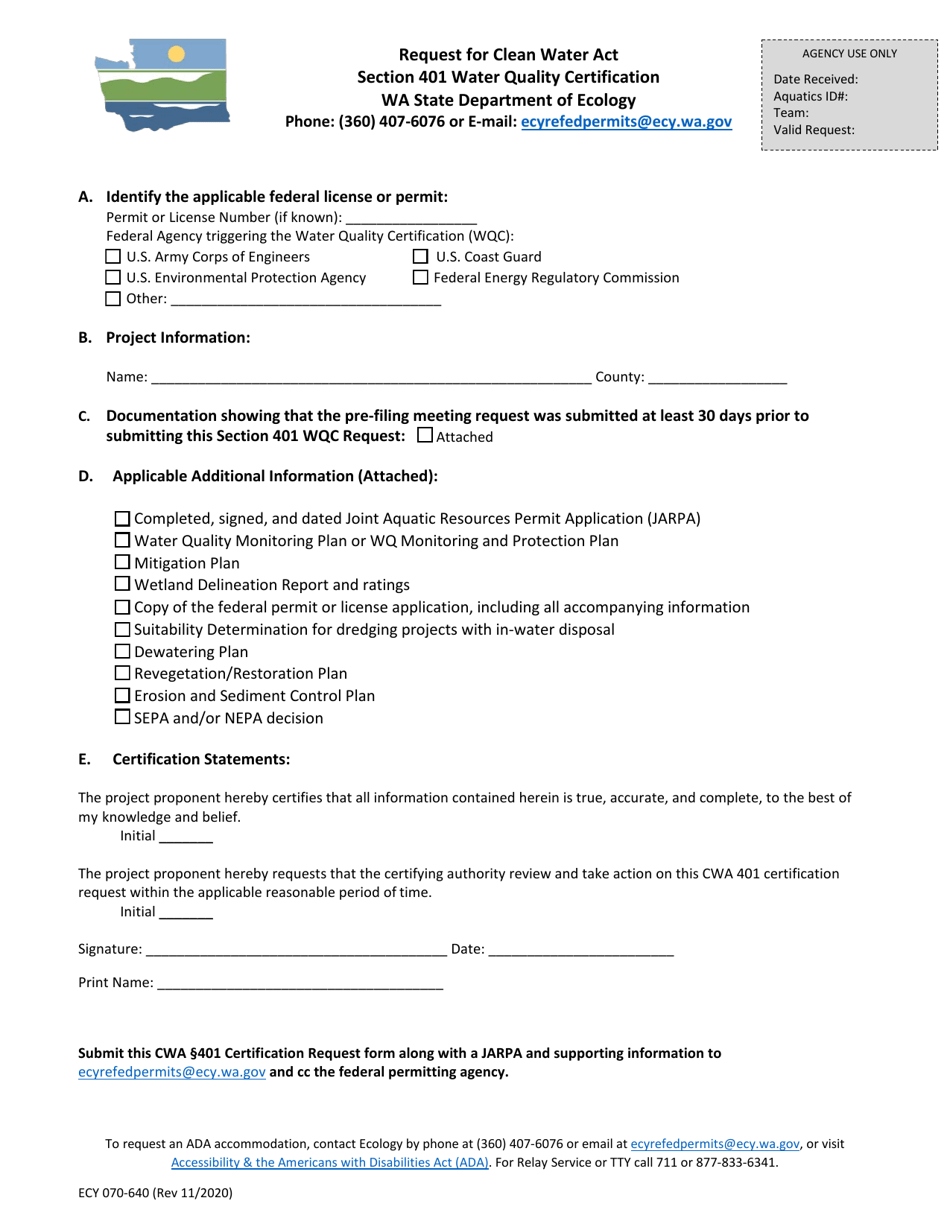 Form ECY070-640 Request for Clean Water Act - Washington, Page 1
