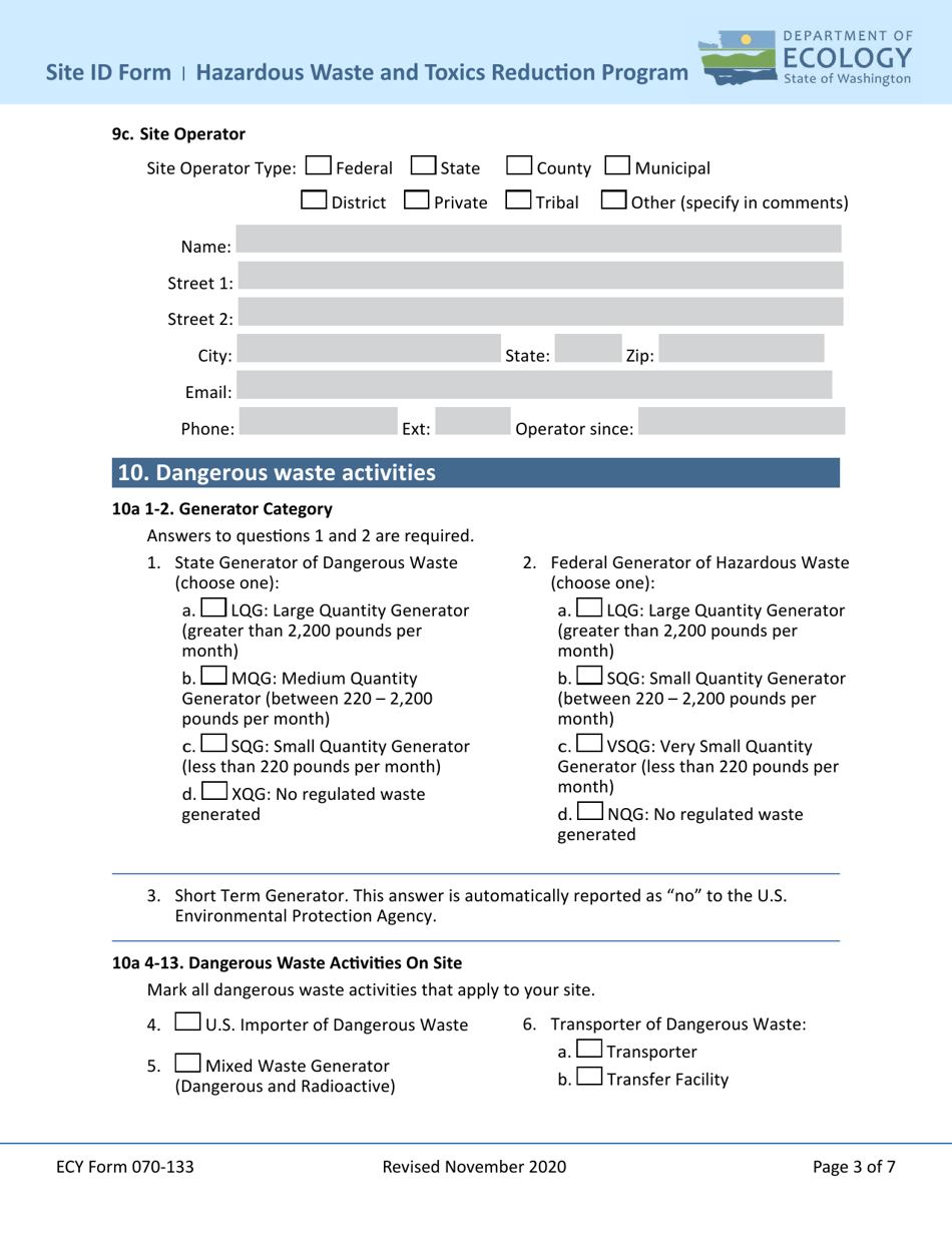 ECY Form 070-133 Notification of Dangerous Waste Site Identification (Id) Form - Washington, Page 3