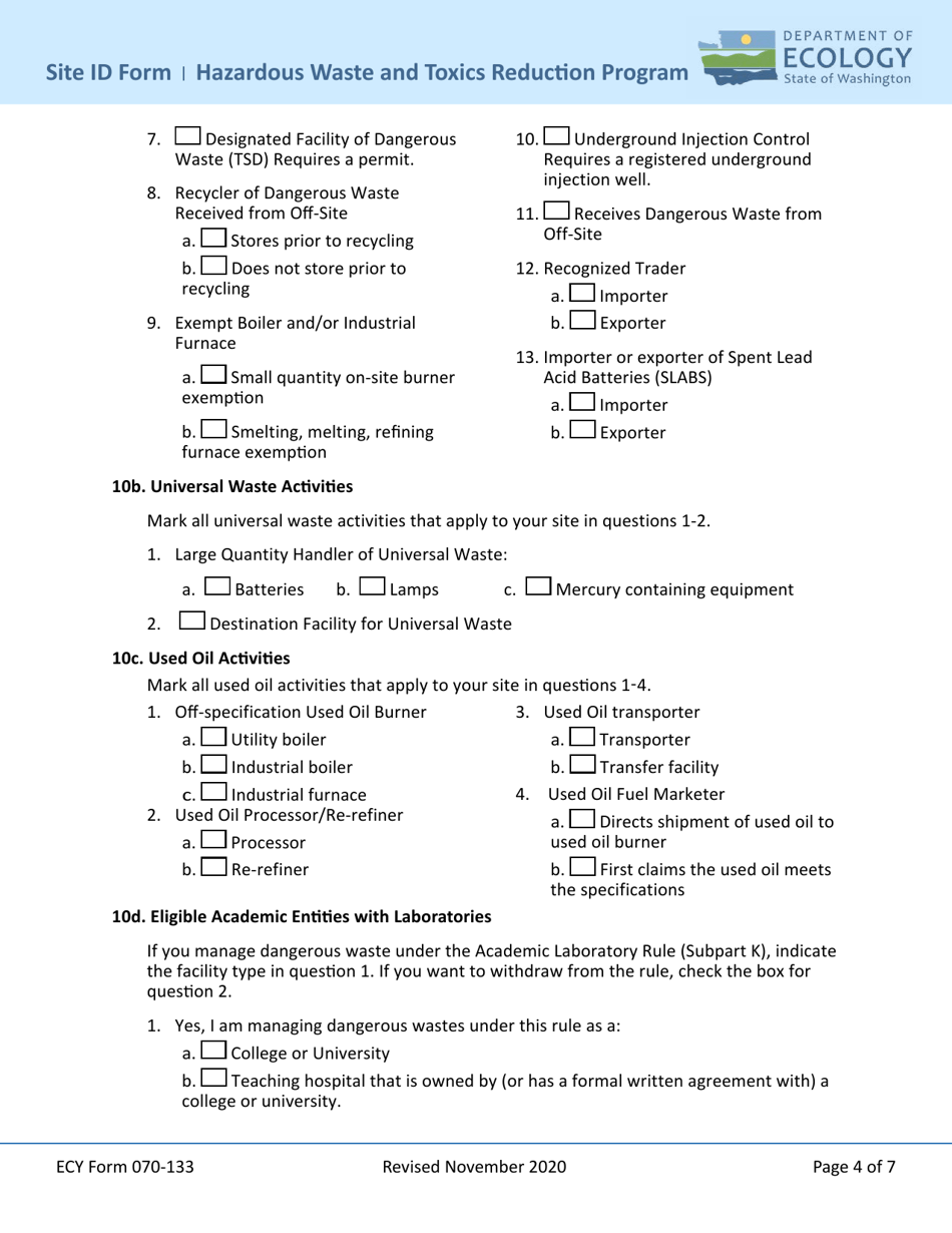 ECY Form 070-133 Notification of Dangerous Waste Site Identification (Id) Form - Washington, Page 4