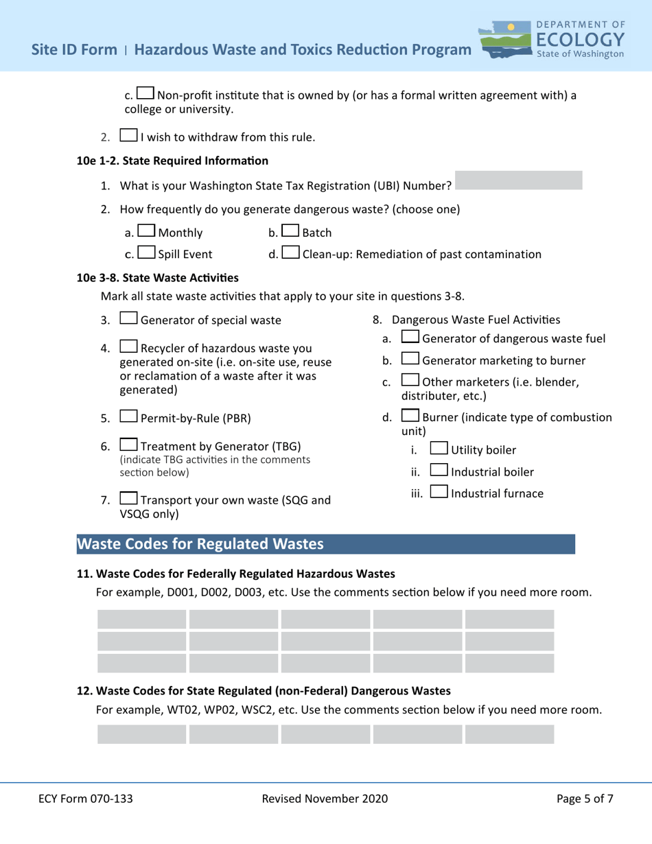 ECY Form 070-133 Notification of Dangerous Waste Site Identification (Id) Form - Washington, Page 5