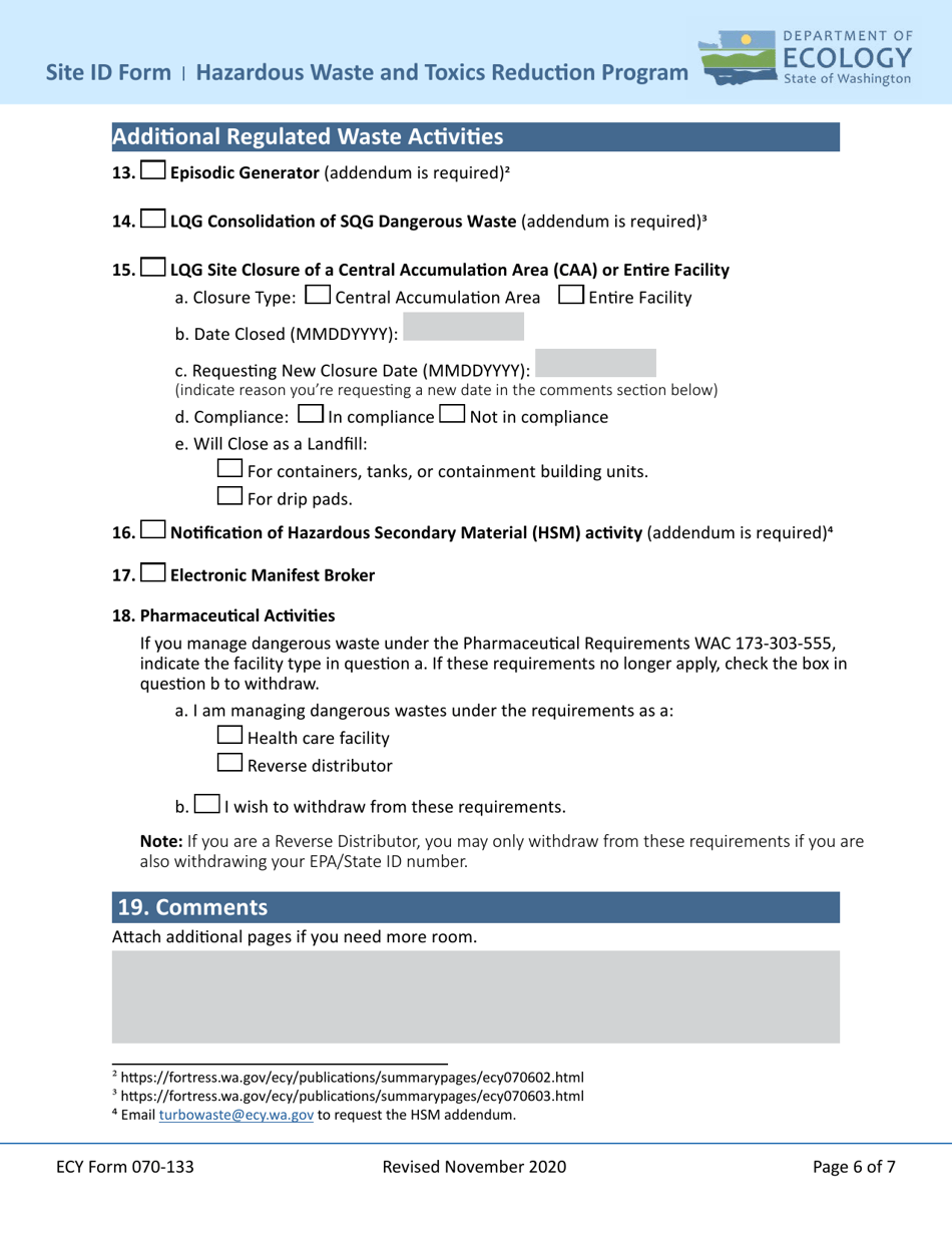 ECY Form 070-133 Notification of Dangerous Waste Site Identification (Id) Form - Washington, Page 6