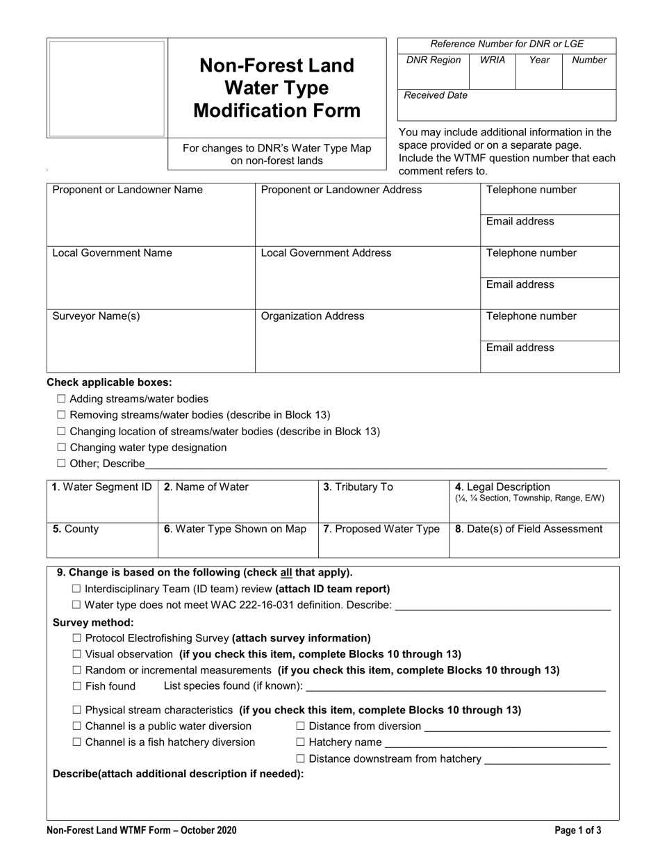 Non-forest Land Water Type Modification Form - Washington, Page 1