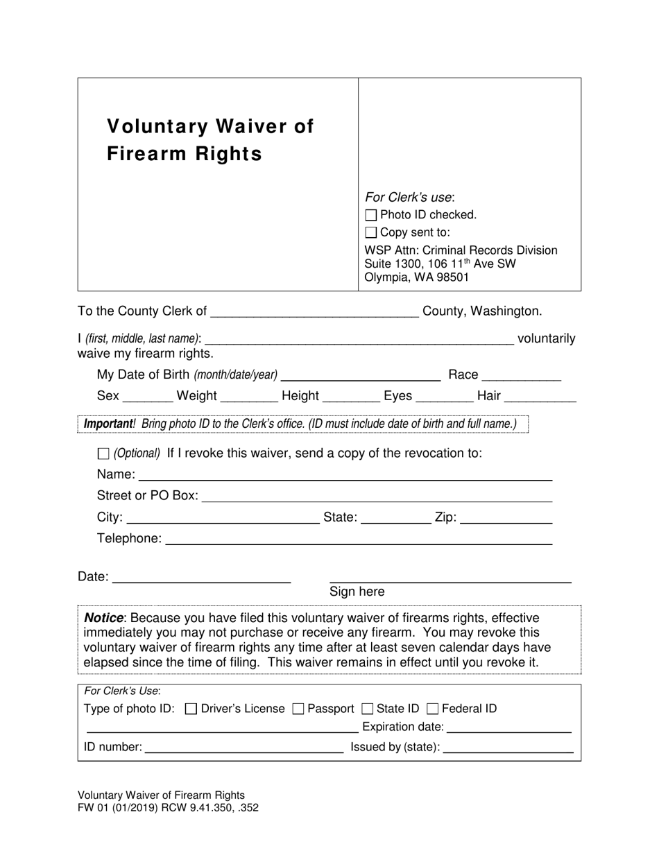 Form FW01 Voluntary Waiver of Firearm Rights - Washington, Page 1