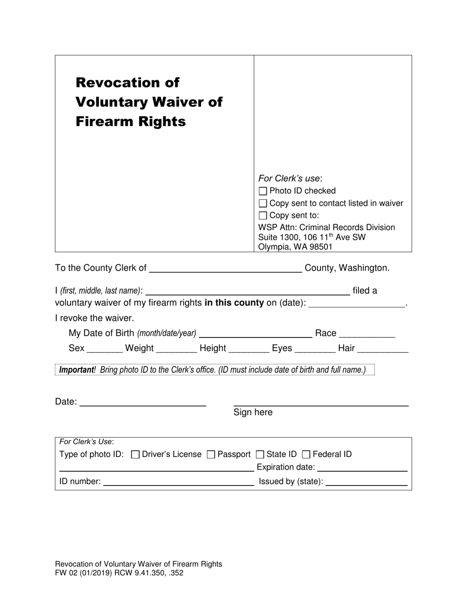 Form FW-02 Revocation of Voluntary Waiver of Firearm Rights - Washington, Page 1