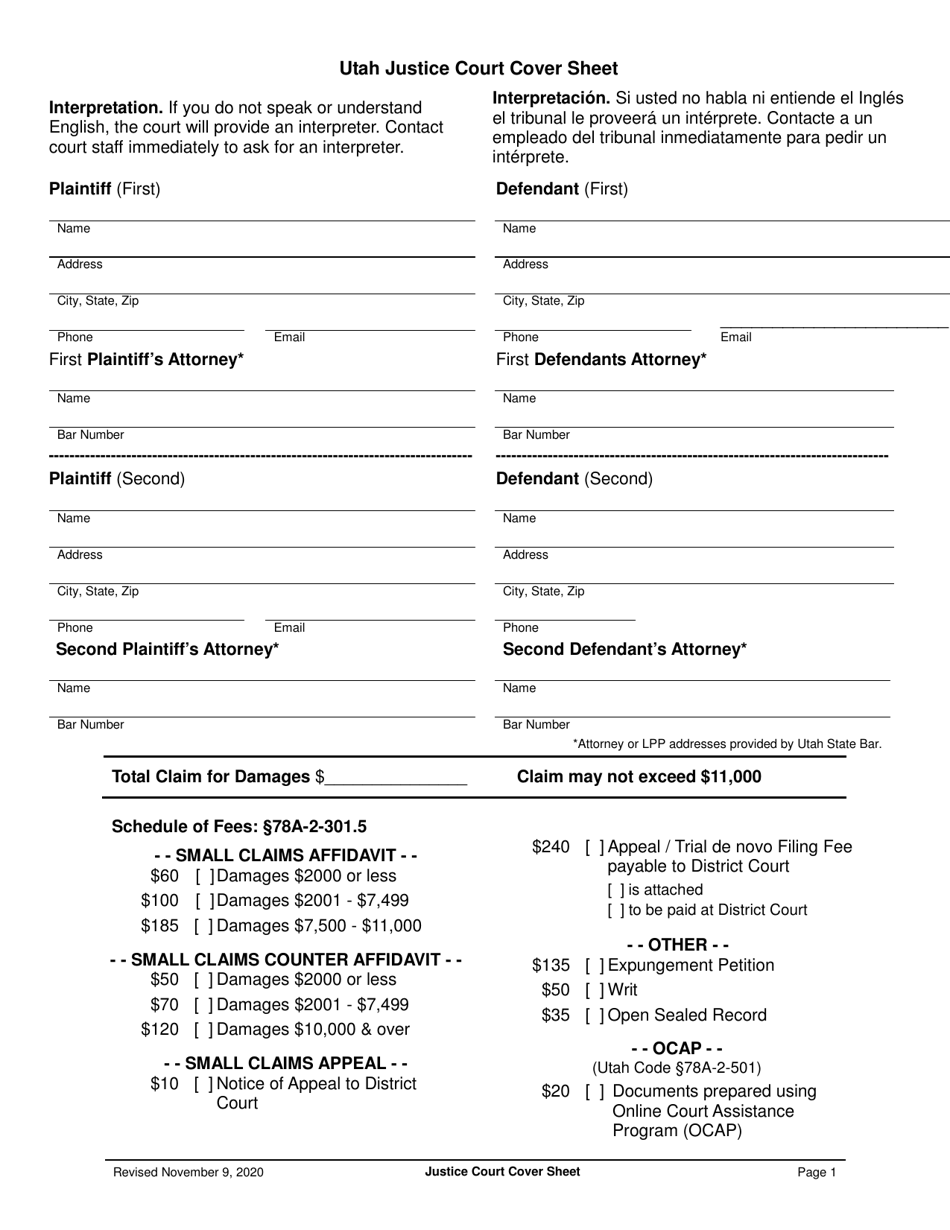 Utah Utah Justice Court Cover Sheet (English/Spanish) Fill Out Sign