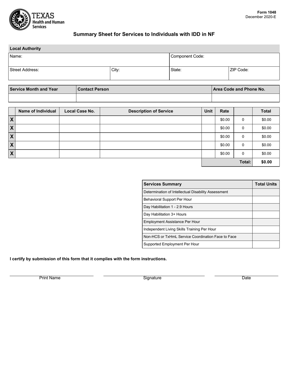 Form 1048 Summary Sheet for Services to Individuals With Idd in Nf - Texas, Page 1