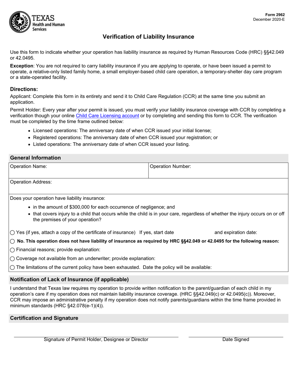Form 2962 Verification of Liability Insurance - Texas, Page 1