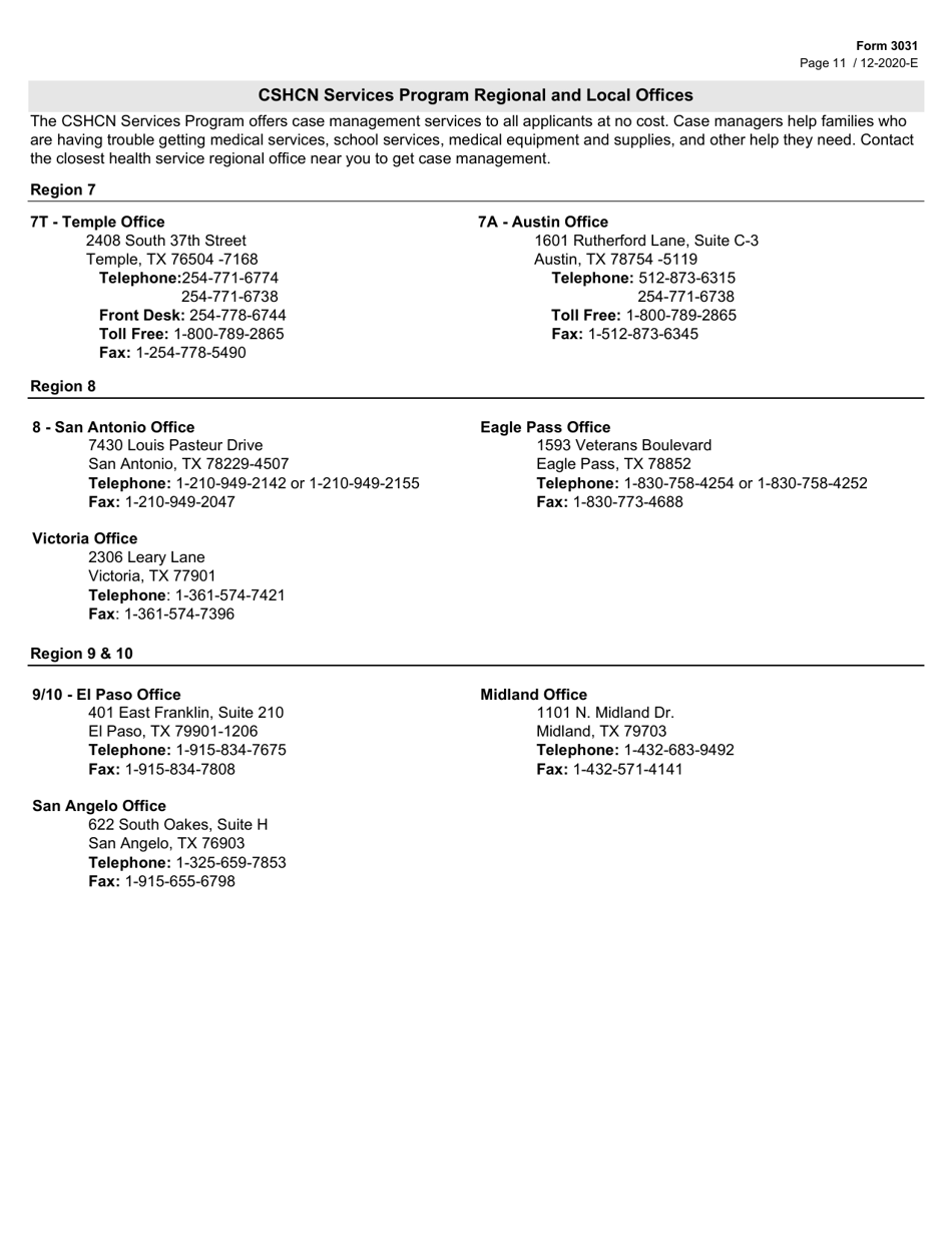 Form 3031 Children With Special Health Care Needs (Cshcn) Program Application - Texas, Page 11