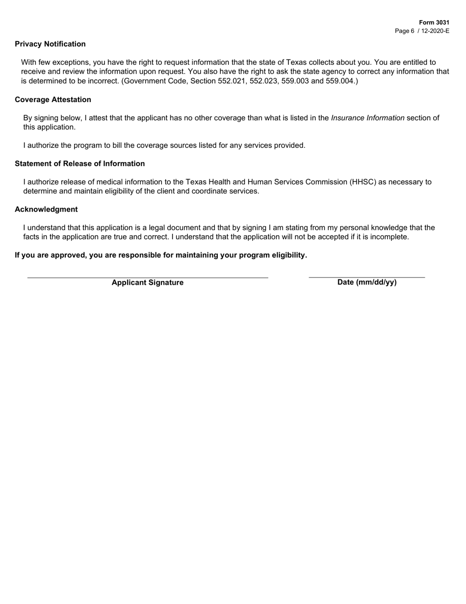 Form 3031 Children With Special Health Care Needs (Cshcn) Program Application - Texas, Page 6