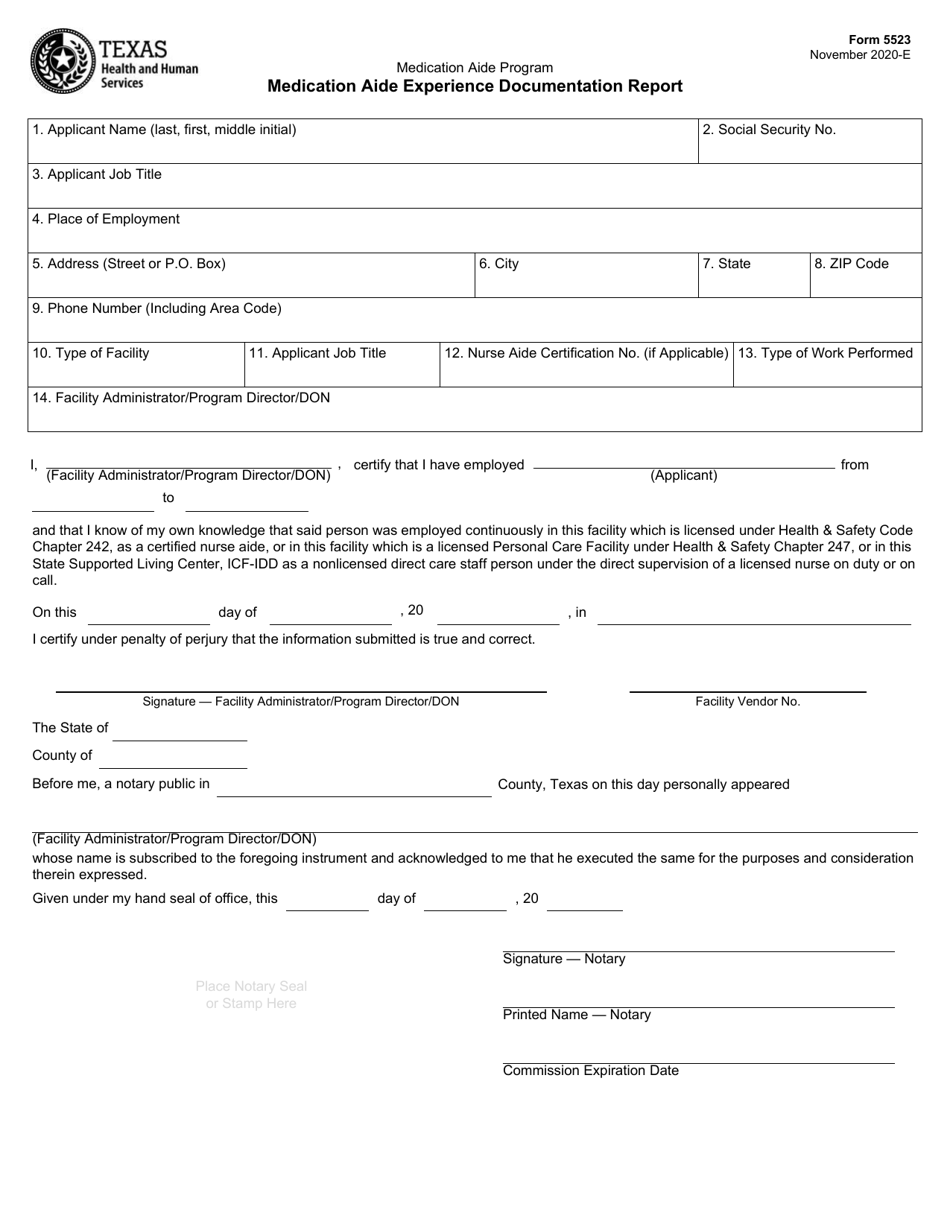 Form 5523 Medication Aide Experience Documentation Report - Texas, Page 1