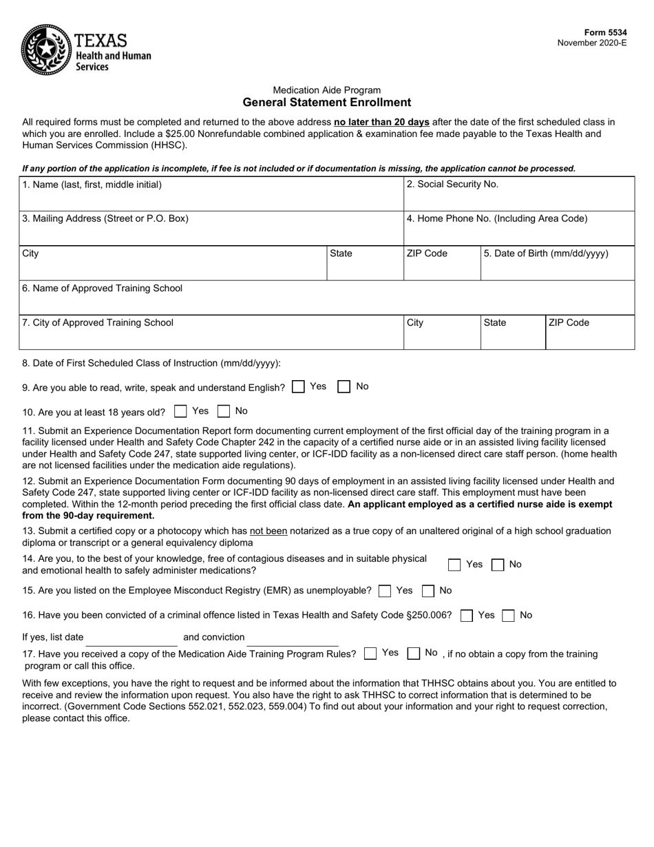 Form 5534 Medication Aide General Statement Enrollment - Texas, Page 1