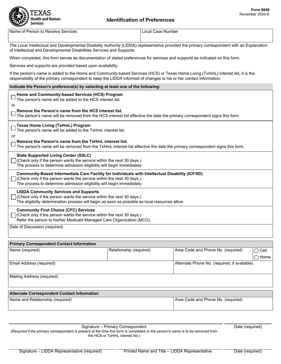 Form 8648 Identification of Preferences - Texas, Page 1