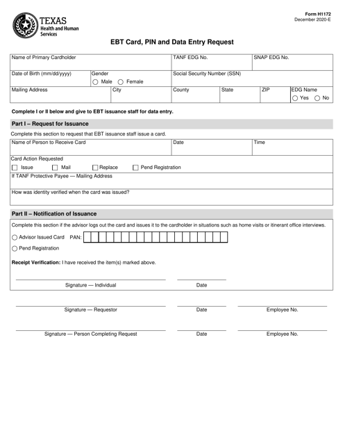 Form H1172 Ebt Card, Pin and Data Entry Request - Texas