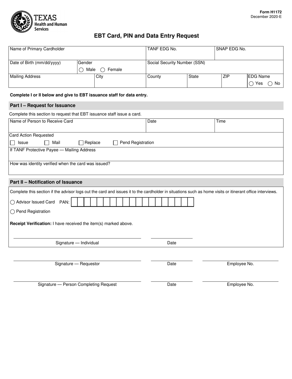 Form H1172 Download Fillable PDF or Fill Online Ebt Card, Pin and Data Entry Request Texas ...
