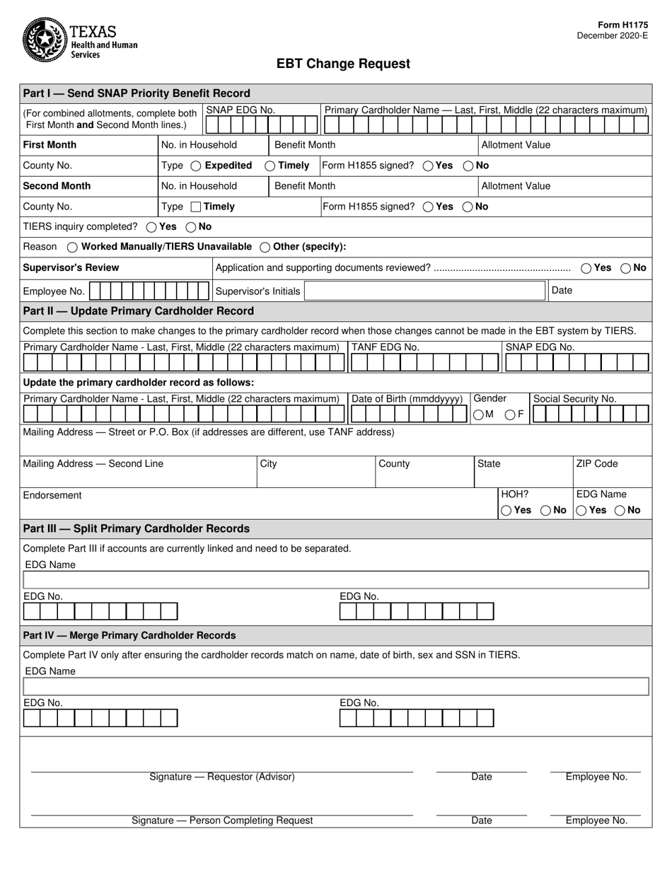 Form H1175 Ebt Change Request - Texas, Page 1