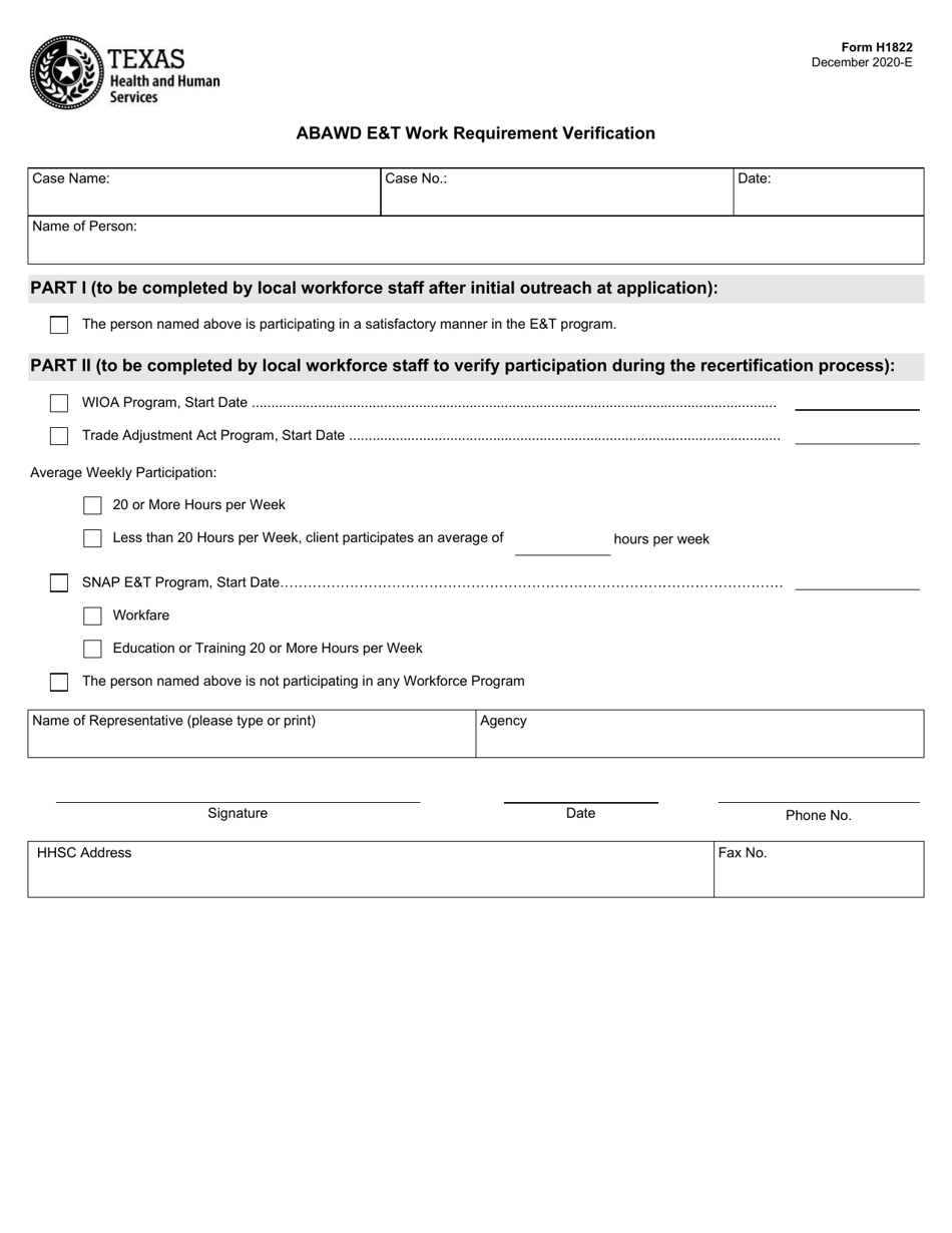 Form H1822 Abawd Et Work Requirement Verification - Texas, Page 1