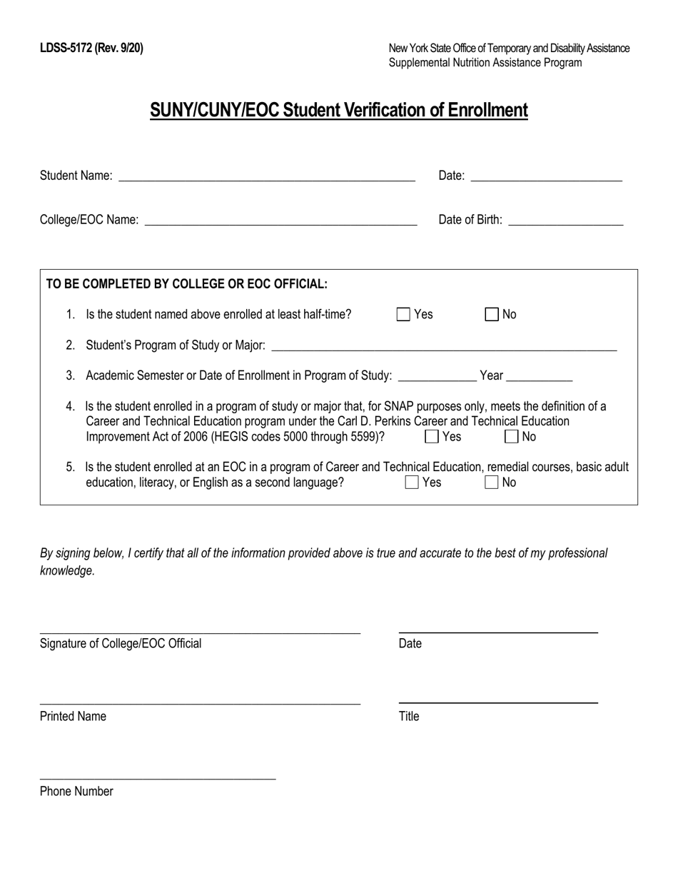 Form LDSS-5172 Suny / Cuny / Eoc Student Verification of Enrollment - New York, Page 1