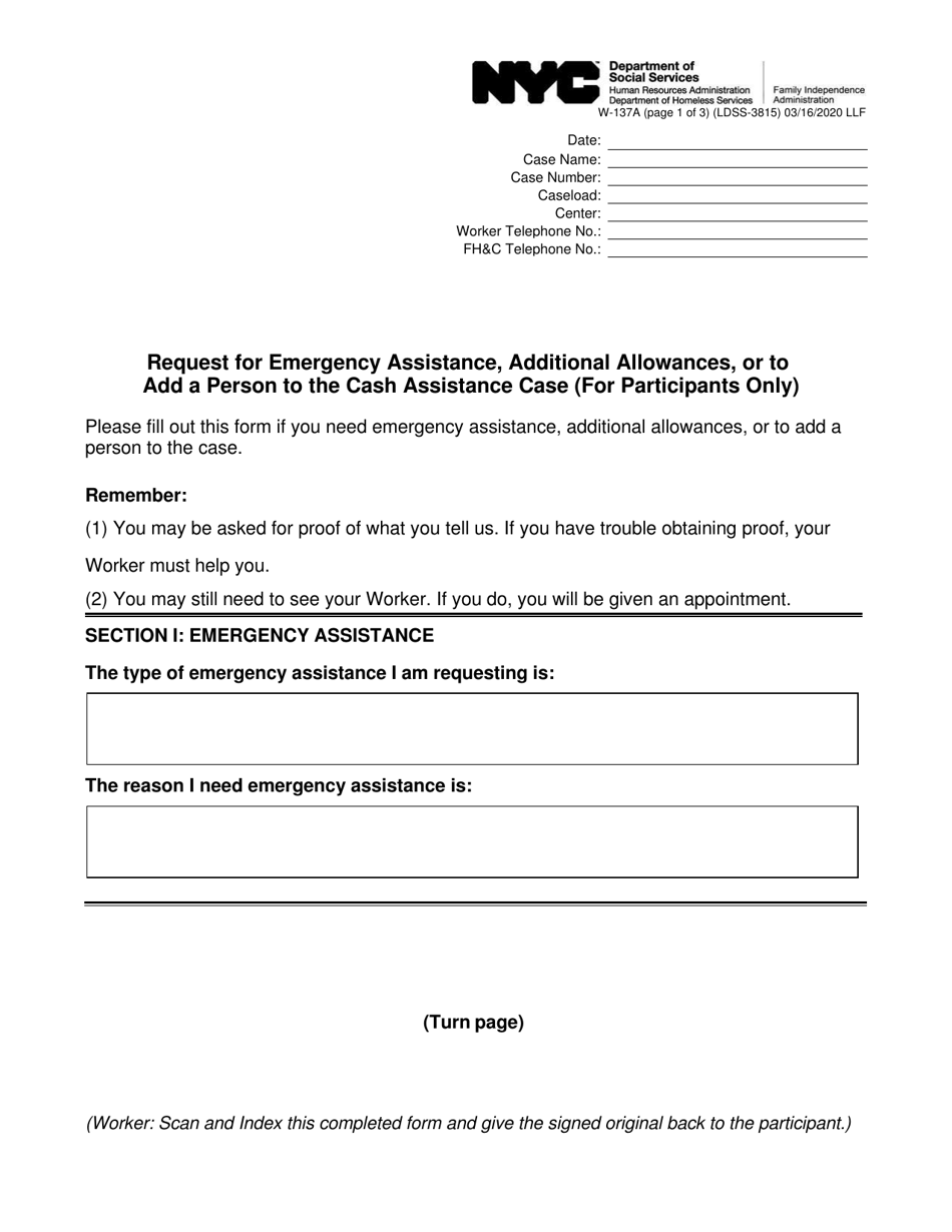 Form W137A Download Fillable PDF or Fill Online Request for Emergency
