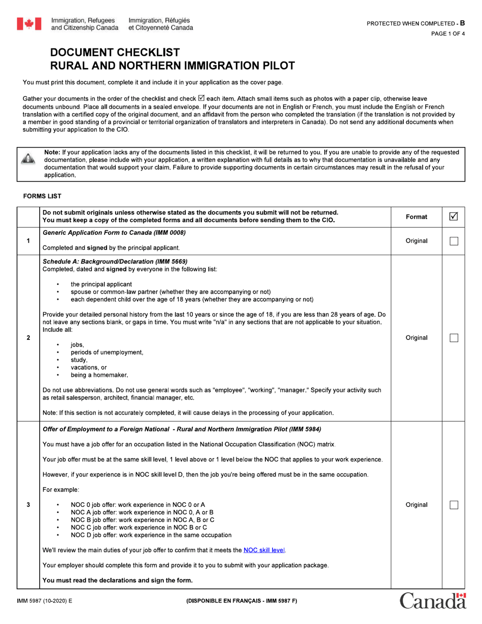 Form IMM5987 Document Checklist: Rural and Northern Immigration Pilot - Canada, Page 1