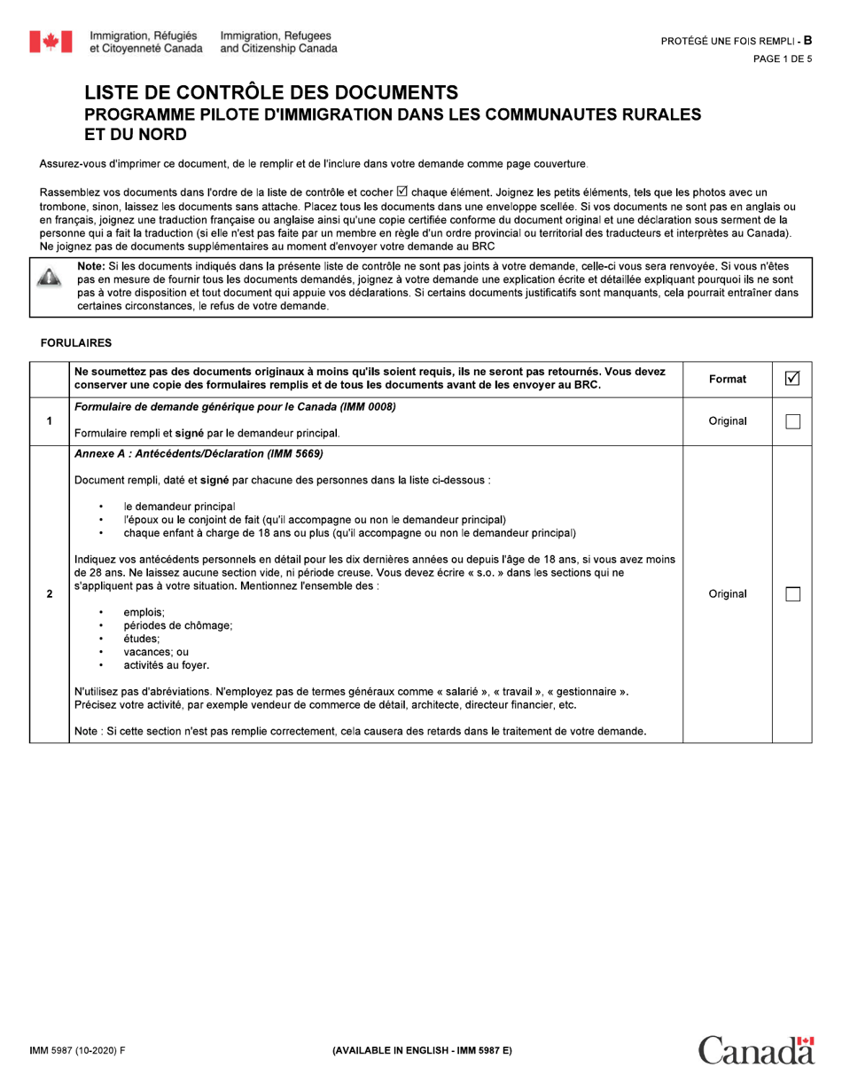 Forme IMM5987 Liste De Controle DES Documents: Programme Pilote Dimmigration Dans Les Communautes Rurales Et Du Nord - Canada (French), Page 1